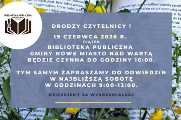 Biblioteka w Nowym Mieście nad Wartą zmienia godziny otwarcia w piątek i sobotę