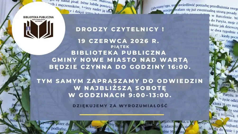 Biblioteka w Nowym Mieście nad Wartą zmienia godziny otwarcia w piątek i sobotę
