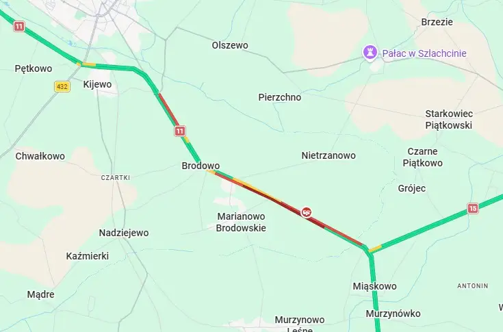Wypadek na DK11 między Brodowem a Miąskowem. Są utrudnienia i korki