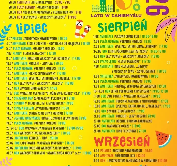 Lato w Zaniemyślu 2026: bogaty program wakacyjnych wydarzeń