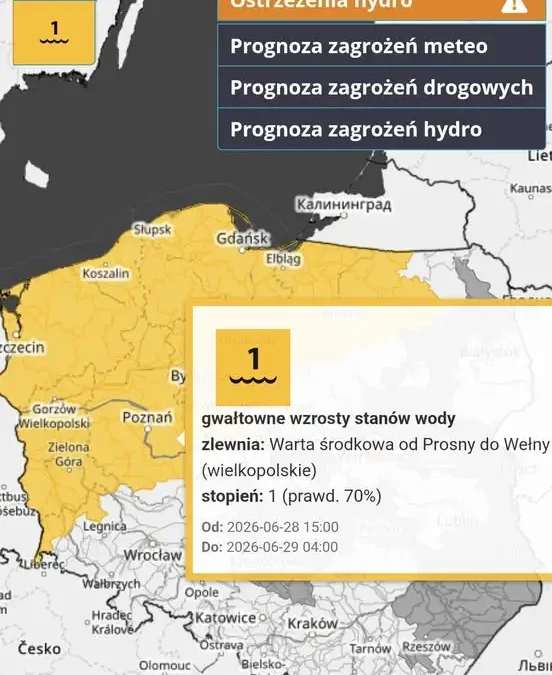 Ostrzeżenie hydrologiczne: gwałtowne wzrosty stanów wody na Warcie środkowej