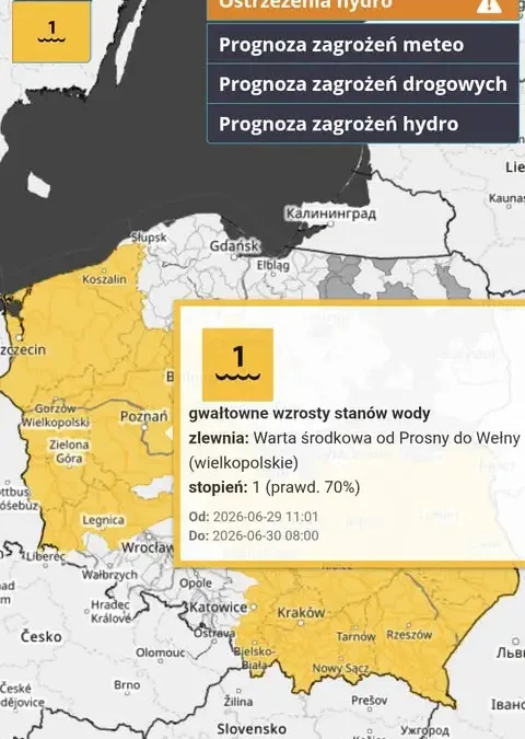 Ostrzeżenie hydrologiczne dla zlewni Warty Środkowej – gwałtowne wzrosty stanów wody
