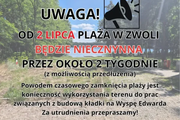 Plaża w Zwoli zamknięta na dwa tygodnie przez budowę kładki na Wyspę Edwarda