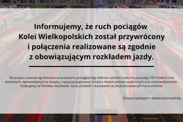 Koleje Wielkopolskie wracają do normalnego rozkładu po wczorajszych utrudnieniach