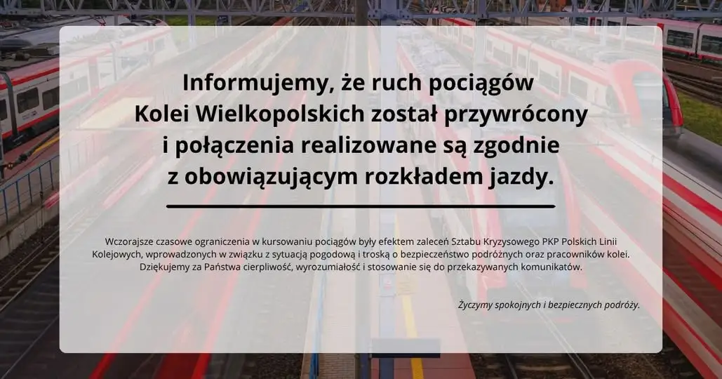 Koleje Wielkopolskie wracają do normalnego rozkładu po wczorajszych utrudnieniach