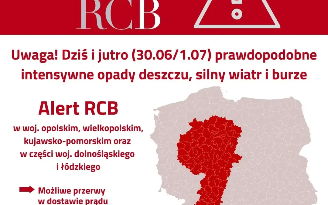 Alert RCB: Intensywne opady, silny wiatr i burze w kilku województwach