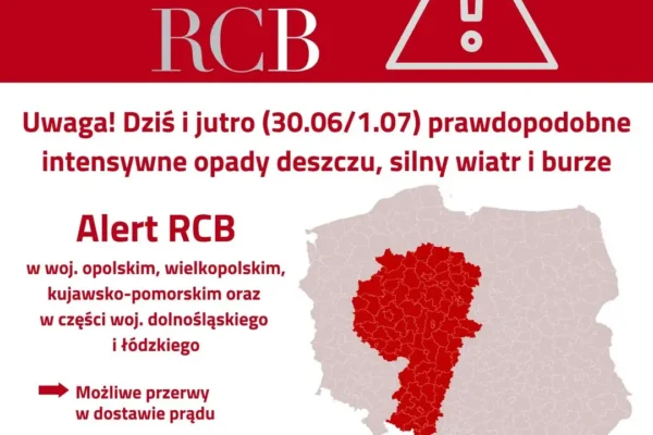 Alert RCB: Intensywne opady, silny wiatr i burze w kilku województwach