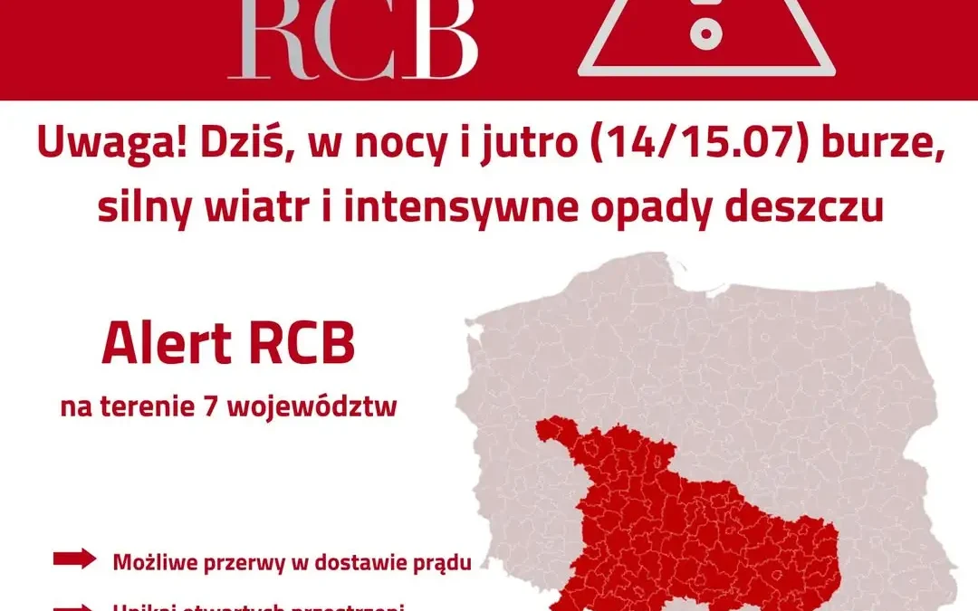 Alert RCB: Upały i burze w 7 województwach – sprawdź zagrożone powiaty