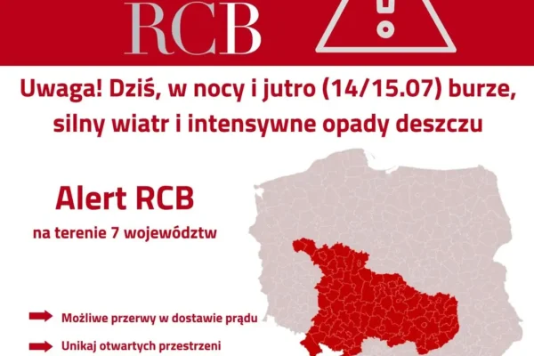 Alert RCB: Upały i burze w 7 województwach – sprawdź zagrożone powiaty