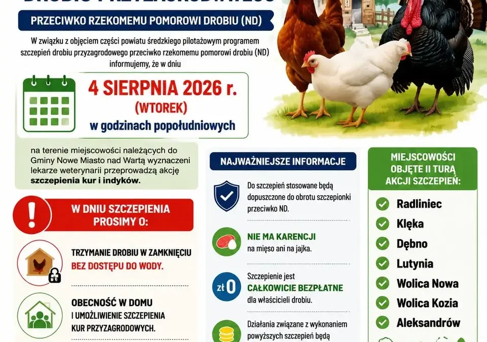 Szczepienia drobiu przyzagrodowego w gminie Nowe Miasto nad Wartą – 4 sierpnia
