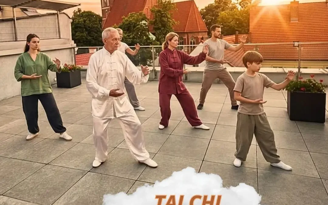 Poranna sesja Tai Chi na tarasie biblioteki w Środzie Wielkopolskiej
