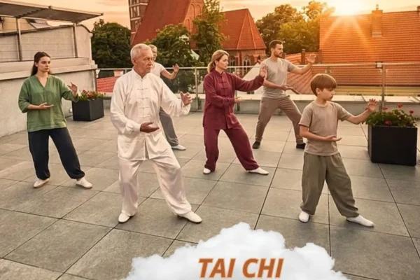 Poranna sesja Tai Chi na tarasie biblioteki w Środzie Wielkopolskiej