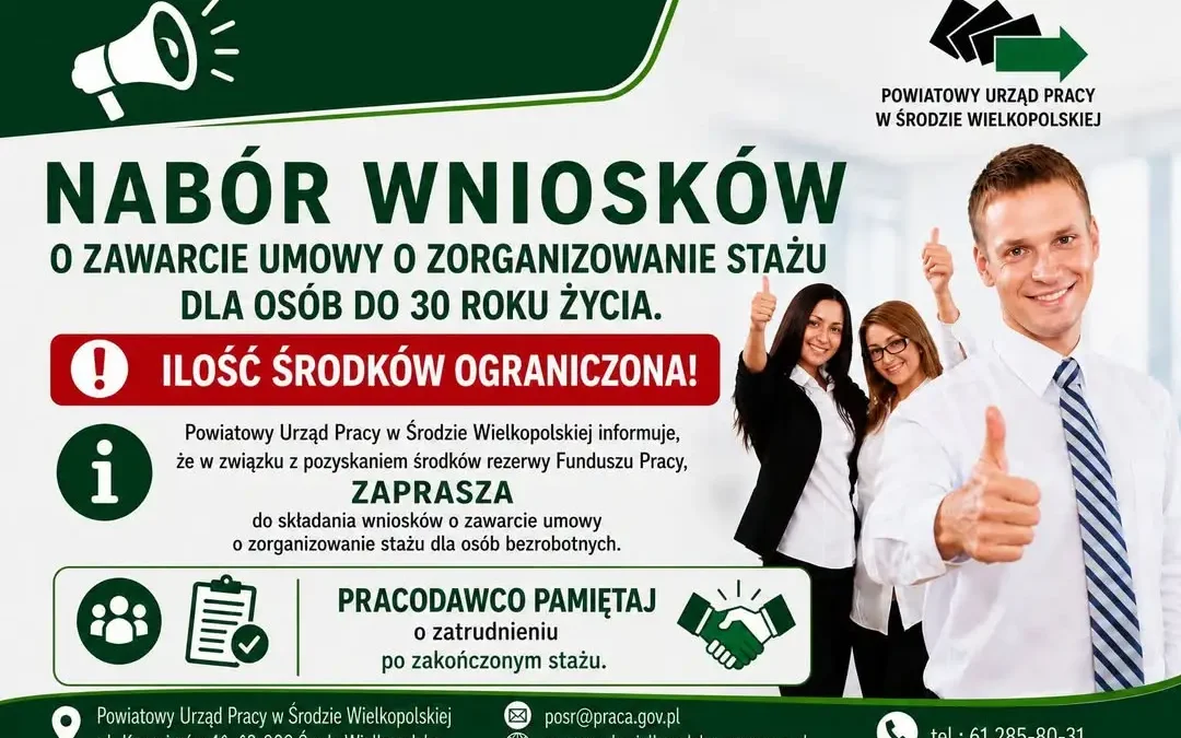 Staże dla młodych bezrobotnych – nabór wniosków w PUP Środa Wielkopolska