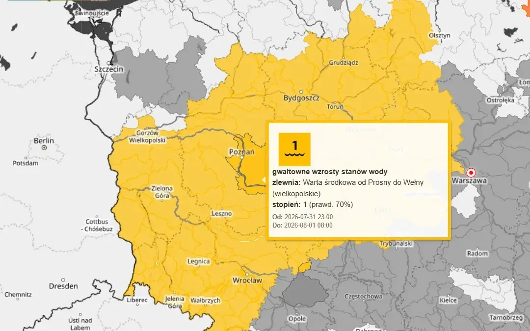 Ostrzeżenie hydrologiczne dla Warty Środkowej: gwałtowne wzrosty wód i podtopienia