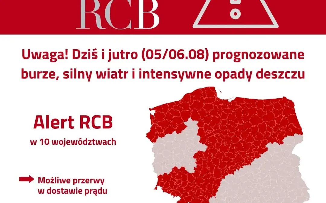 Alert RCB: Burze i silny wiatr w całej Polsce – ostrzeżenie dla powiatu średzkiego