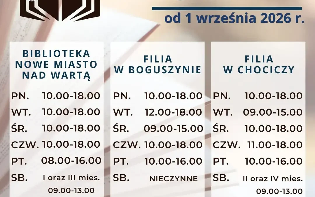 Nowe godziny otwarcia biblioteki w Nowym Mieście nad Wartą od września