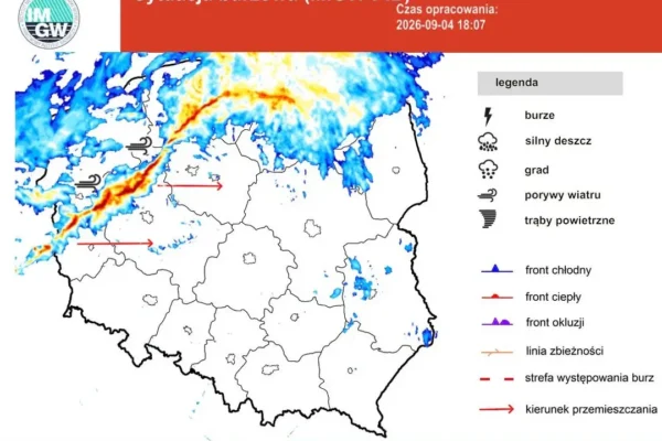 Front atmosferyczny przemieszcza się przez Polskę – ostrzeżenia przed silnym wiatrem i burzami