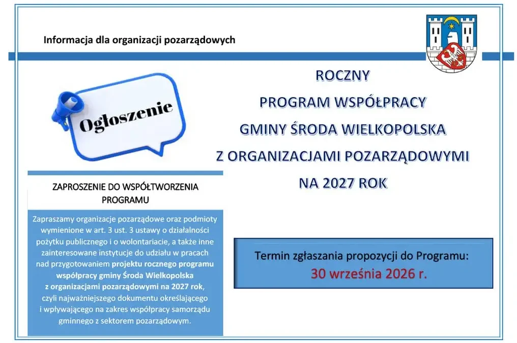 Gmina Środa Wielkopolska zaprasza organizacje pozarządowe do współtworzenia programu na 2027 rok