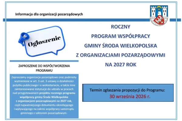 Gmina Środa Wielkopolska zaprasza organizacje pozarządowe do współtworzenia programu na 2027 rok