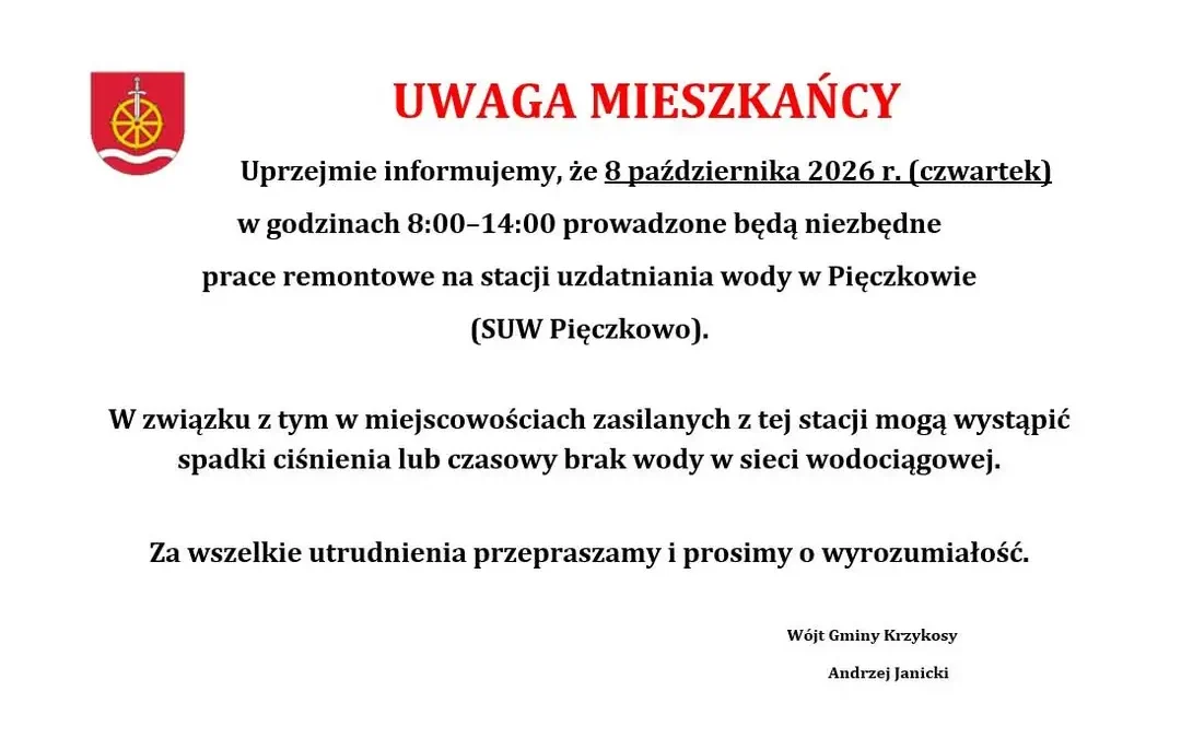 Przerwa w dostawie wody w gminie Krzykosy – prace na stacji w Pieczkowie