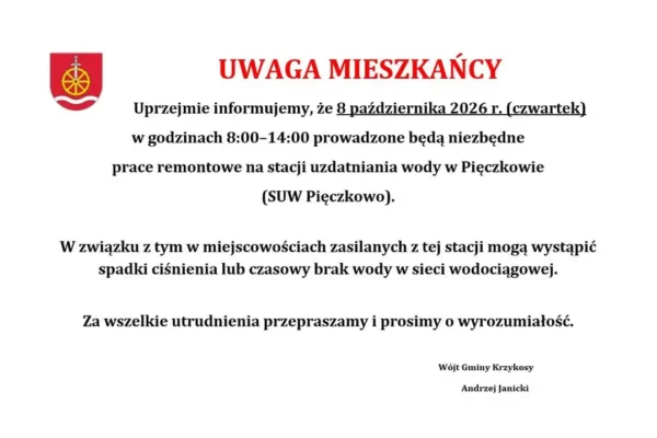 Przerwa w dostawie wody w gminie Krzykosy – prace na stacji w Pieczkowie