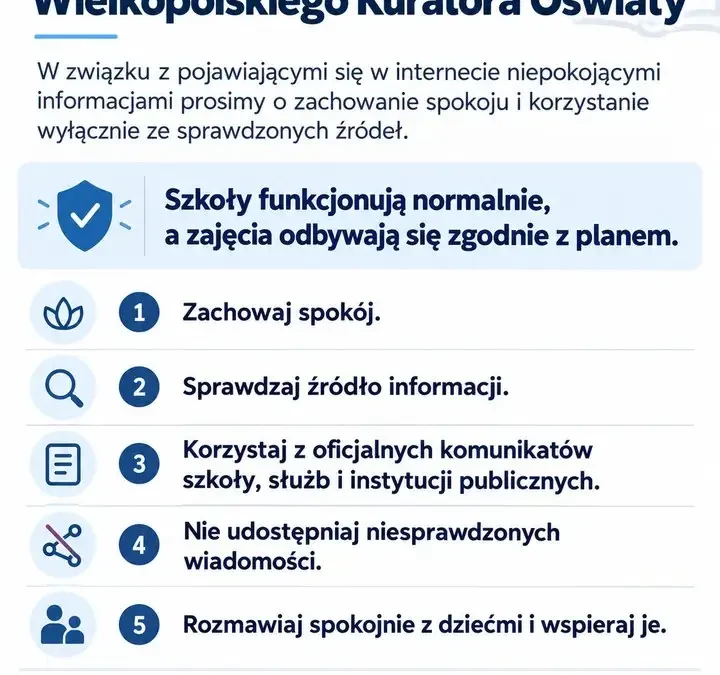 Wielkopolski Kurator Oświaty apeluje o spokój i weryfikowanie informacji o bezpieczeństwie szkół