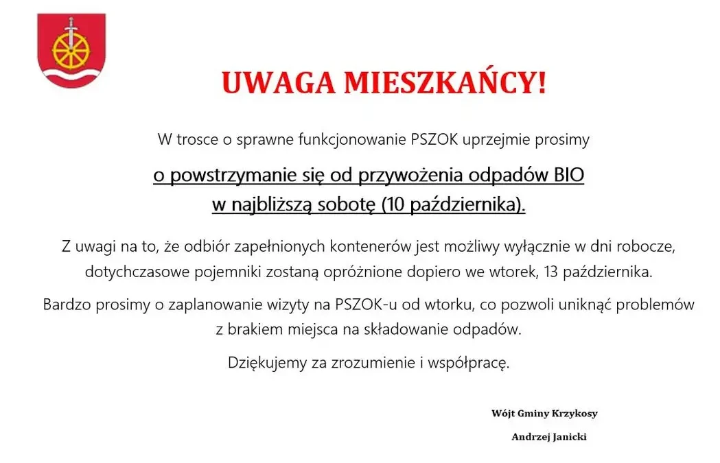 PSZOK w Krzykosach: w sobotę 10 października nie przywoź odpadów BIO