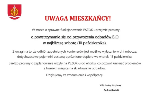 PSZOK w Krzykosach: w sobotę 10 października nie przywoź odpadów BIO