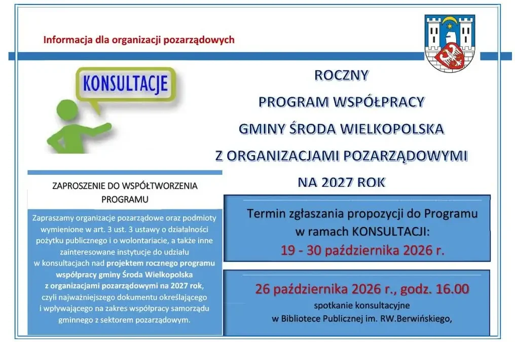 Środa Wielkopolska: konsultacje rocznego programu współpracy z NGO na 2027 rok