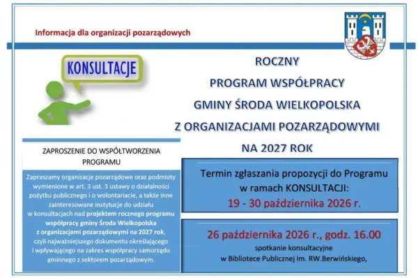 Środa Wielkopolska: konsultacje rocznego programu współpracy z NGO na 2027 rok